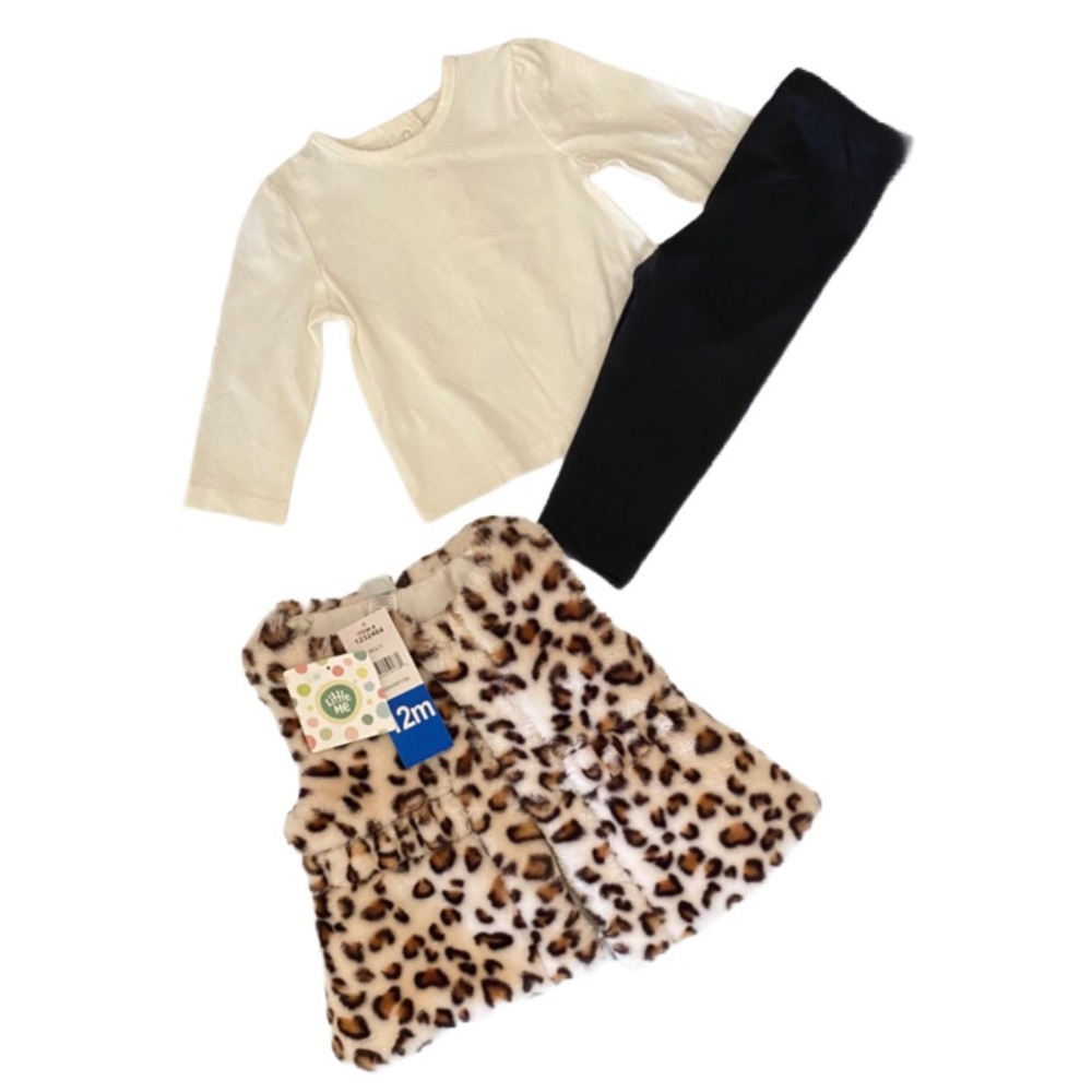 NWT Little Me 3 Piece Leopard Print Puffer Fake Fur Vest, Top & Pants 12 Months